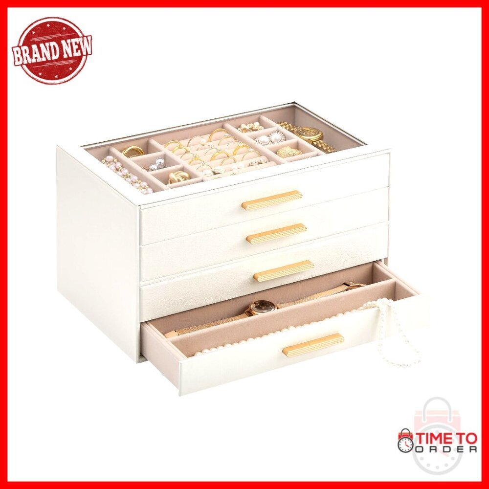 4-Layer Jewelry Organizer with Glass Lid, Velvet Lined Storage Case